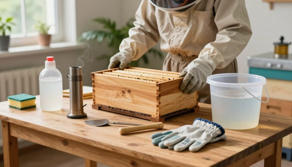 A well-organized workspace for beekeeping equipment preparation is depicted. In the foreground, a clean wooden table displays an array of beekeeping tools: a hive tool, smoker, and protective gloves arranged neatly. A bucket containing a diluted bleach solution sits on one side, with a small sponge nearby. In the middle, a beekeeper, wearing a professional light-colored outfit and protective gloves, is carefully inspecting a wooden beehive. The background features soft natural light filtering through a nearby window, casting gentle shadows. Green plants subtly enhance the atmosphere, creating a fresh and clean vibe, emphasizing the importance of equipment maintenance and sanitation in beekeeping. The overall mood conveys focus and professionalism, essential for proper beekeeping practices.