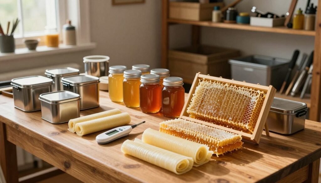 A well-organized workspace for preparing drawn comb for long-term storage is depicted in this image. In the foreground, a wooden tabletop is scattered with neatly arranged equipment: stainless steel containers, beeswax wraps, and a digital thermometer. In the middle ground, clear, labeled jars of honey are displayed alongside a set of framed sections of drawn comb, glistening under soft natural light. The background features a rustic shelving unit filled with beekeeping tools and equipment, creating a homely atmosphere. Warm lighting filters through a nearby window, casting gentle shadows that enhance the cozy, organized feel of the scene. The camera angle is slightly above the table, allowing for a comprehensive view of the preparation process, invoking a sense of care and mindfulness in equipment handling.
