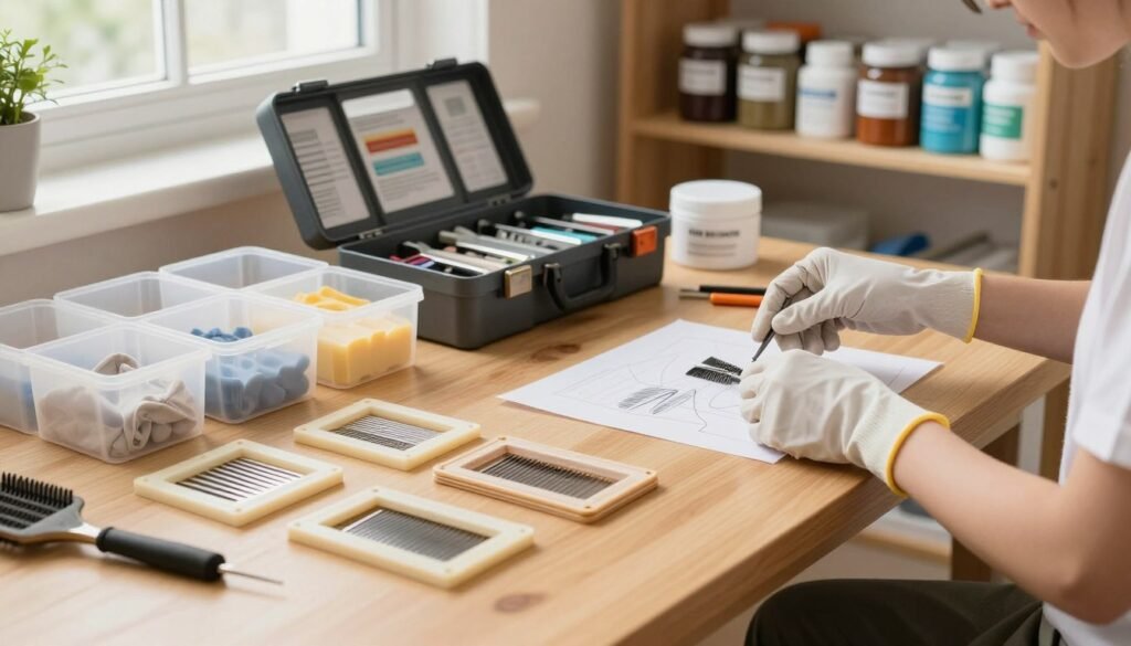 A well-organized workspace for storing drawn comb equipment, featuring a clean wooden table in the foreground with neatly arranged wax frames and storage containers. In the middle, a pair of hands wearing professional, modest gloves carefully clean and pack the equipment, while a toolbox with compartmentalized sections sits nearby. The background shows a well-lit shelf filled with labeled jars and containers for maintenance supplies, with soft, natural lighting coming from a window to create a warm and inviting atmosphere. The scene should convey a sense of diligence and care, emphasizing the importance of properly preparing equipment for long-term storage. Capture this from a slightly elevated angle to showcase the organized workflow, focusing on the details of the equipment and tools involved in the process.