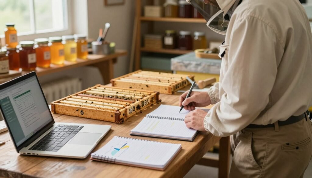 A well-organized workspace showcasing a beekeeper managing hive records. In the foreground, a professional-looking person in a light-colored shirt and khaki pants is focused on a wooden table covered with notebooks, charts, and a laptop displaying beekeeping software. The middle ground features a few beehive frames laid out neatly, with numbered labels visible. In the background, shelves filled with jars of honey and apiarist tools are softly illuminated by warm, natural light coming from a nearby window. The atmosphere is calm and industrious, highlighting the importance of meticulous documentation in beekeeping practices. A shallow depth of field emphasizes the dedicated beekeeper, creating an intimate and engaging visual.