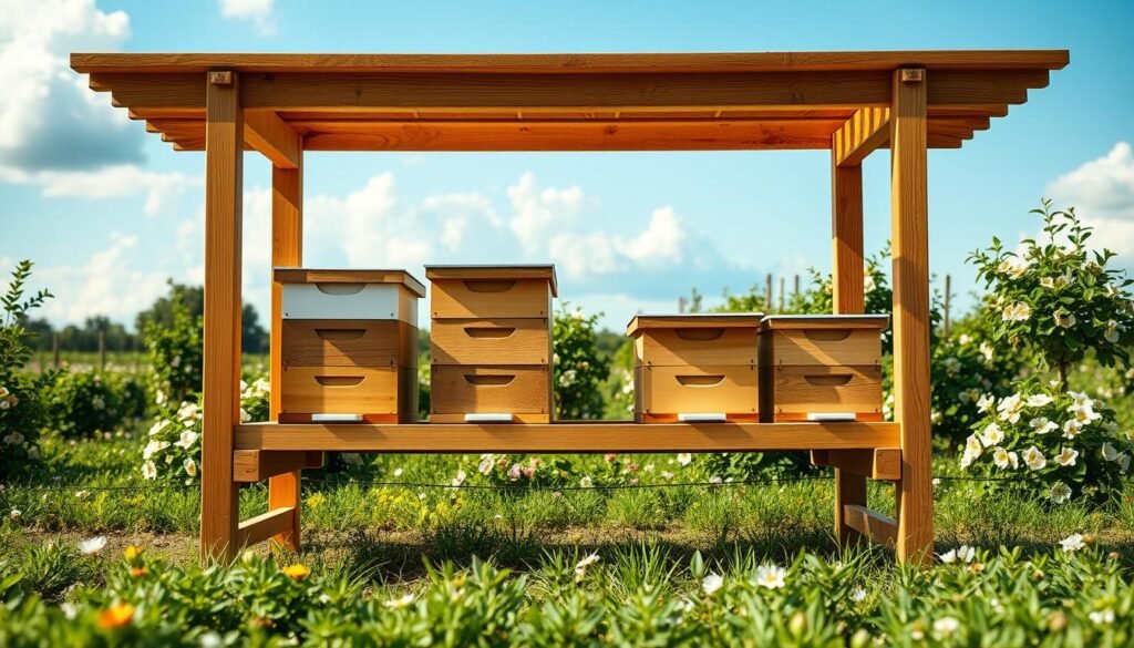 A well-structured hive stand designed for beekeeping, featuring a sturdy wooden frame, raised to ensure optimal airflow. In the foreground, display the hive stand with several bee hives resting on it, showcasing a clean and organized layout. In the middle ground, a lush green apiary with blooming flowers surrounds the stand, providing a vibrant backdrop. The background reveals a clear blue sky with soft clouds, creating a peaceful atmosphere. Use warm, natural lighting to highlight the wood grain and details of the hive stand, with a slight low-angle perspective to emphasize the structure against the sky. The overall mood should be serene and inviting, ideal for showcasing an efficient hive stand design in a thriving apiary environment. A well-structured hive stand designed for beekeeping, featuring a sturdy wooden frame, raised to ensure optimal airflow. In the foreground, display the hive stand with several bee hives resting on it, showcasing a clean and organized layout. In the middle ground, a lush green apiary with blooming flowers surrounds the stand, providing a vibrant backdrop. The background reveals a clear blue sky with soft clouds, creating a peaceful atmosphere. Use warm, natural lighting to highlight the wood grain and details of the hive stand, with a slight low-angle perspective to emphasize the structure against the sky. The overall mood should be serene and inviting, ideal for showcasing an efficient hive stand design in a thriving apiary environment.