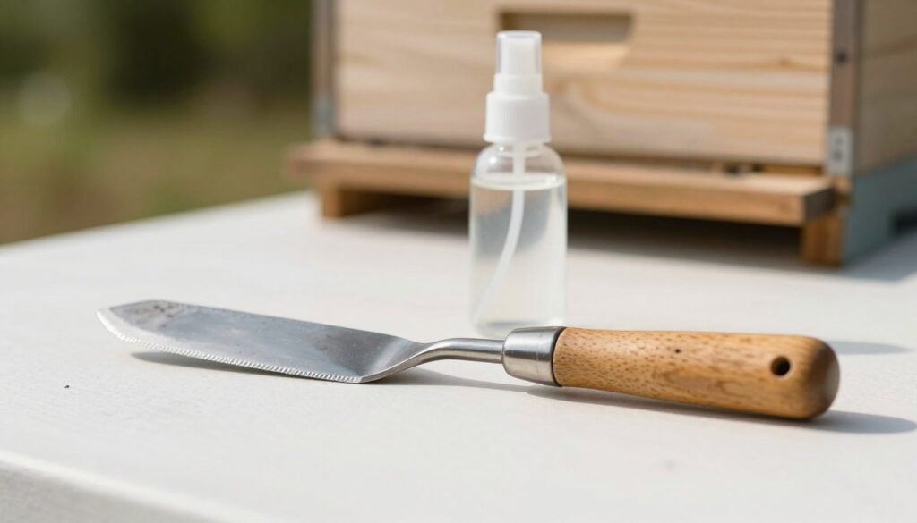 A well-used hive tool, with a gleaming metal blade and a wooden handle, resting on a clean, white surface. In the foreground, the focus is on the hive tool, showcasing its sharp edge and sturdy construction. In the middle ground, a small spray bottle filled with a disinfectant solution is positioned next to the tool, highlighting the sanitization process. The background features a softly blurred beehive, creating a subtle context for beekeeping. Warm, natural lighting illuminates the scene, casting gentle shadows to enhance the textures of the metal and wood. The atmosphere is calm and focused, emphasizing the importance of hygiene in beekeeping practices. A well-used hive tool, with a gleaming metal blade and a wooden handle, resting on a clean, white surface. In the foreground, the focus is on the hive tool, showcasing its sharp edge and sturdy construction. In the middle ground, a small spray bottle filled with a disinfectant solution is positioned next to the tool, highlighting the sanitization process. The background features a softly blurred beehive, creating a subtle context for beekeeping. Warm, natural lighting illuminates the scene, casting gentle shadows to enhance the textures of the metal and wood. The atmosphere is calm and focused, emphasizing the importance of hygiene in beekeeping practices.