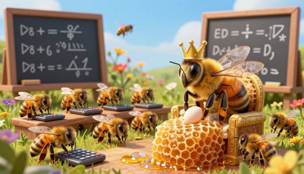 A whimsical scene depicting a bee queen in a regal pose, surrounded by diligent worker bees engaged in mathematical calculations. In the foreground, the queen bee is adorned with a tiny crown, seated on a honeycomb throne, while behind her, chalkboards filled with equations and bee math concepts illustrate the hive's importance in monitoring the queen's egg-laying performance. The middle layer features worker bees gathered around, some using small calculators and others holding up pencils, all focused on their tasks. In the background, vibrant wildflowers and a sunny, blue sky create a cheerful atmosphere. Soft, natural lighting enhances the details, with a slightly angled view to evoke depth and charm, reflecting the collaborative spirit of the hive and the crucial role of analysis in bee care.
