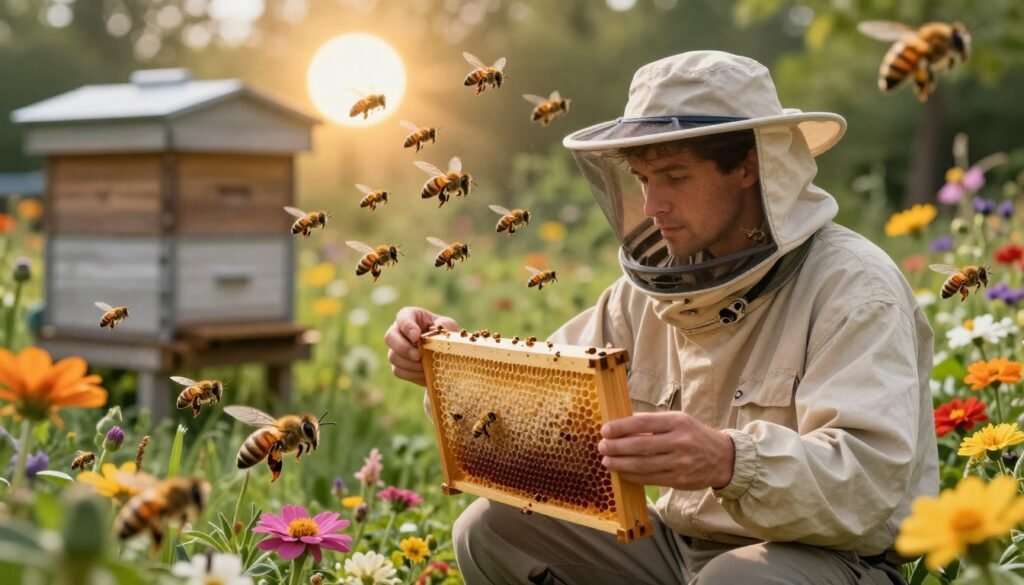 A whimsical scene depicting a vibrant garden filled with buzzing bees, emphasizing personal opinion through artistic representation. In the foreground, a beekeeper dressed in modest casual clothing examines a honeycomb frame, their thoughtful expression reflecting deep contemplation. Surrounding them are various brightly colored flowers, each attracting bees of different species, illustrating the diversity of opinions in beekeeping. In the middle ground, a softly glowing sun casts a warm light, illuminating the bees in flight as they create a buzzing swirl around the beekeeper. In the background, a rustic wooden hive sits, partially obscured by lush greenery. The mood is contemplative yet optimistic, capturing the balance between personal experience and the scientific approach to beekeeping.