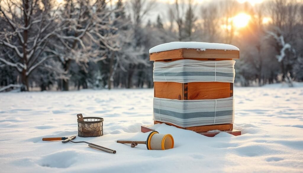 A winter scene showcasing a well-protected beehive surrounded by a blanket of snow, focusing on common winterization mistakes. In the foreground, a wooden beehive is insulated with weather-resistant wraps, showcasing proper tight sealing. In the middle ground, nearby tools such as a hive tool and an unwrapped feeder hint at improper winter preparation. The background features a serene winter landscape with frosted trees and soft sunlight peeking through the clouds, creating a calm yet cautionary atmosphere. Use a soft-focus lens effect to emphasize the hive while slightly blurring the background, conveying the importance of correct winterization practices. The overall mood should evoke a sense of caution and preparedness against the cold.