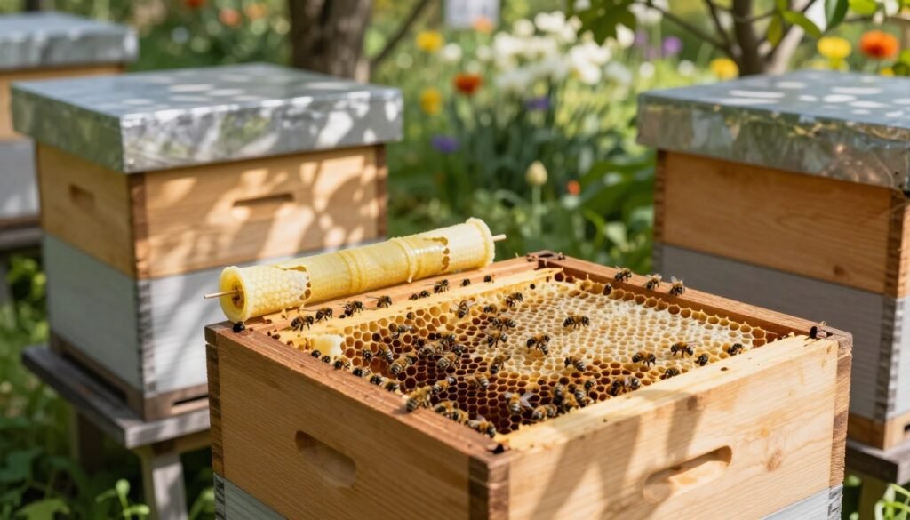 A wooden beehive with brood boxes in a lush garden setting, showcasing contrasting frames—some filled with foundation and others without. In the foreground, a close-up of bees busy at work, illustrating their natural behavior with honeycomb cells in varying stages of construction. The middle ground features tubes of foundation wax next to the brood boxes, with soft sunlight filtering through tree leaves, casting dappled shadows. The background includes blooming flowers and greenery, enhancing the serene and productive atmosphere of the apiary. Use soft, natural lighting to create a warm and inviting mood, with a slight focus blur on the background to emphasize the brood boxes and bees in action. The angle should be slightly elevated, giving a clear view of the setup.