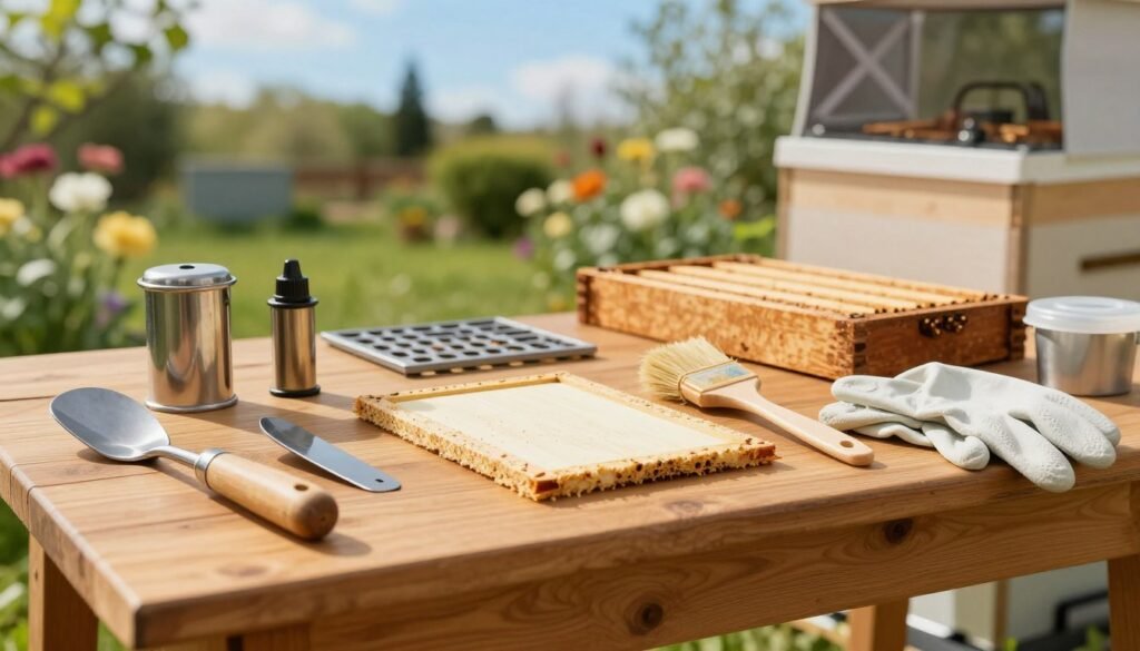 A wooden table in the foreground displays essential tools for transferring a 5-frame nuc, including a hive tool, smokers, frames, a bee brush, and gloves, all meticulously arranged. The middle ground features a well-organized workspace with additional beekeeping tools, such as a queen excluder and a feeder. In the background, a soft-focus image of a gentle garden with blooming flowers and a clear blue sky creates a serene atmosphere. Natural sunlight filters in, casting warm, inviting light over the scene, highlighting the shiny metal surfaces of the tools and the rich textures of wood. A sense of preparation and care fills the image, capturing the essence of a successful transfer in beekeeping.