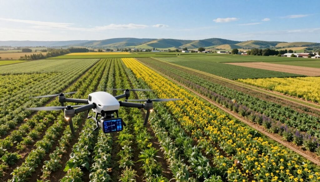 Aerial view of a lush landscape featuring multiple farms interconnected by optimized pollination routes. In the foreground, a sleek drone equipped with advanced sensors hovers over blooming crops, displaying a digital interface with real-time data and route calculations. In the middle, rows of vibrant fields show diverse plants arranged strategically to maximize pollination efficiency, with bees in flight, symbolizing the synergy between technology and nature. In the background, distant rolling hills and a clear blue sky create a serene backdrop, emphasizing harmony and innovation. Soft, natural lighting enhances the colors of the crops and the drone, evoking a sense of optimism and progress. The overall atmosphere conveys a blend of nature and cutting-edge technology, focusing on sustainable agricultural practices. Aerial view of a lush landscape featuring multiple farms interconnected by optimized pollination routes. In the foreground, a sleek drone equipped with advanced sensors hovers over blooming crops, displaying a digital interface with real-time data and route calculations. In the middle, rows of vibrant fields show diverse plants arranged strategically to maximize pollination efficiency, with bees in flight, symbolizing the synergy between technology and nature. In the background, distant rolling hills and a clear blue sky create a serene backdrop, emphasizing harmony and innovation. Soft, natural lighting enhances the colors of the crops and the drone, evoking a sense of optimism and progress. The overall atmosphere conveys a blend of nature and cutting-edge technology, focusing on sustainable agricultural practices.