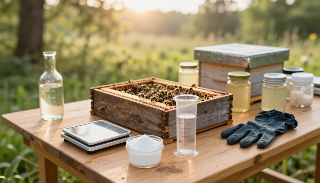 Aerial view of a neatly organized workspace showcasing a dribble solution hive preparation setup. In the foreground, a close-up of a wooden table with precise measuring tools, such as a graduated cylinder filled with a clear liquid, a scale weighing oxalic acid, and gloves placed beside them. The middle layer features a rustic hive, partially opened, with bees visible but calm, surrounded by jars of the dribble solution. The background shows a natural setting, green foliage, and a soft, warm glow of early morning light filtering through trees, creating a serene and focused atmosphere. Use a shallow depth of field to draw attention to the foreground, while maintaining a soft blur of the vibrant background.