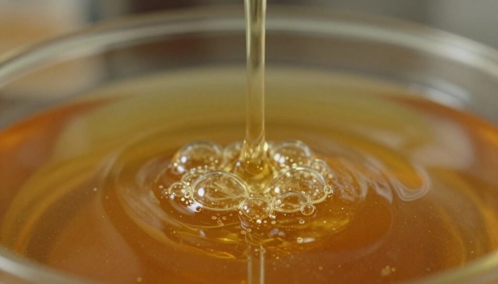 Air bubbles rising through a viscous golden liquid in a honey settling tank, captured in a detailed macro shot. In the foreground, individual bubbles with delicate surfaces reflecting light, creating a mesmerizing dance of soft reflections. The middle ground features a clearer view of the honey, thick and rich, with varying shades of amber enhancing the visual depth. The background is softly blurred, evoking the interior of a tank, with subtle hints of metal and glass, illuminated by warm, diffused lighting that highlights the texture of the honey. The overall mood is tranquil and scientific, emphasizing the principles of gravity and viscosity at play. The image showcases a sense of movement and fluidity, drawing the viewer into the fascinating world of honey processing.