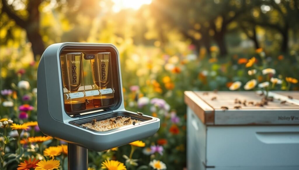 An advanced bee top feeder designed with modern technology, featuring a sleek, functional design with transparent reservoirs showing syrup and a honeycomb section. In the foreground, display the feeder in an open position, revealing its intricate internal mechanisms for efficient feeding. In the middle ground, showcase a well-maintained beehive surrounded by vibrant flowers, with bees actively approaching the feeder. The background should consist of a serene garden setting, with soft morning light filtering through the trees, creating a warm, inviting atmosphere. Use a slightly elevated angle to capture details of the feeder and bees in action. Aim for a bright, productive mood that emphasizes innovation in beekeeping practices.