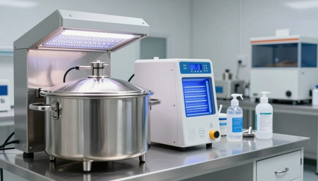 An advanced sterilization setup for honey extractors, focusing on innovative beekeeping equipment. The foreground features a sleek, professionally designed honey extractor made of stainless steel, with shining surfaces reflecting bright overhead LED lights. In the middle ground, various advanced sterilization tools and techniques are displayed, including UV-C light systems, high-pressure steam cleaning devices, and disinfectant solutions, all arranged in a well-organized workspace. The background shows a clean, sterile laboratory environment with beekeeping equipment sanitized and orderly. Soft, natural lighting creates a clinical yet inviting atmosphere, emphasizing safety and precision. The scene is devoid of any human presence, ensuring the focus remains on the advanced methods and equipment used for effective sterilization. An advanced sterilization setup for honey extractors, focusing on innovative beekeeping equipment. The foreground features a sleek, professionally designed honey extractor made of stainless steel, with shining surfaces reflecting bright overhead LED lights. In the middle ground, various advanced sterilization tools and techniques are displayed, including UV-C light systems, high-pressure steam cleaning devices, and disinfectant solutions, all arranged in a well-organized workspace. The background shows a clean, sterile laboratory environment with beekeeping equipment sanitized and orderly. Soft, natural lighting creates a clinical yet inviting atmosphere, emphasizing safety and precision. The scene is devoid of any human presence, ensuring the focus remains on the advanced methods and equipment used for effective sterilization.