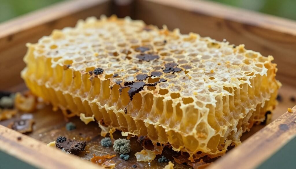 An aged piece of brood comb lies prominently in the foreground, its once vibrant yellow wax now faded and showing signs of deterioration. The comb should feature a mix of dark patches and cracks, symbolizing the chemical degradation that occurs over time. In the middle ground, a close-up of residues and debris can be depicted, highlighting physical risks like mold and contaminants that may arise from old wax. The background should be softly blurred, featuring an unoccupied beehive to suggest a deeper context without distraction. Utilize natural, soft lighting to evoke a sense of both caution and curiosity. The angle should be slightly elevated, offering a clear view of the comb’s details and risks, creating a mood of introspection and education about the importance of maintaining hive health.