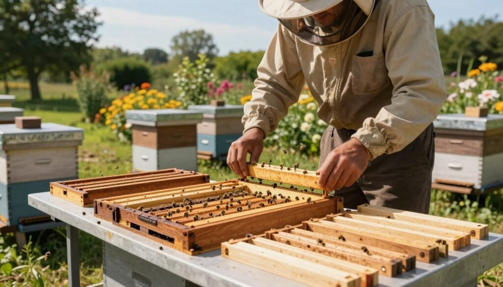 An apiary in a sunny, serene landscape, fronted by a beekeeper in modest casual clothing, carefully scaling apiary frames. The foreground features a table with various wooden frames, both assembled and unassembled, showcasing their differences. In the middle ground, several beehives bustle with activity, surrounded by flowering plants and gentle buzzing bees. The background includes a lush garden with trees and a clear blue sky. Soft, warm lighting illuminates the scene, creating an inviting atmosphere. The angle captures the beekeeper in action, emphasizing the scaling process, while maintaining focus on both the frames and the vibrant environment around. An apiary in a sunny, serene landscape, fronted by a beekeeper in modest casual clothing, carefully scaling apiary frames. The foreground features a table with various wooden frames, both assembled and unassembled, showcasing their differences. In the middle ground, several beehives bustle with activity, surrounded by flowering plants and gentle buzzing bees. The background includes a lush garden with trees and a clear blue sky. Soft, warm lighting illuminates the scene, creating an inviting atmosphere. The angle captures the beekeeper in action, emphasizing the scaling process, while maintaining focus on both the frames and the vibrant environment around.