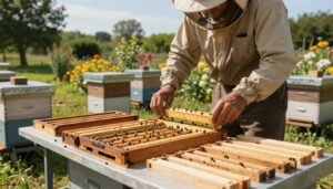 An apiary in a sunny, serene landscape, fronted by a beekeeper in modest casual clothing, carefully scaling apiary frames