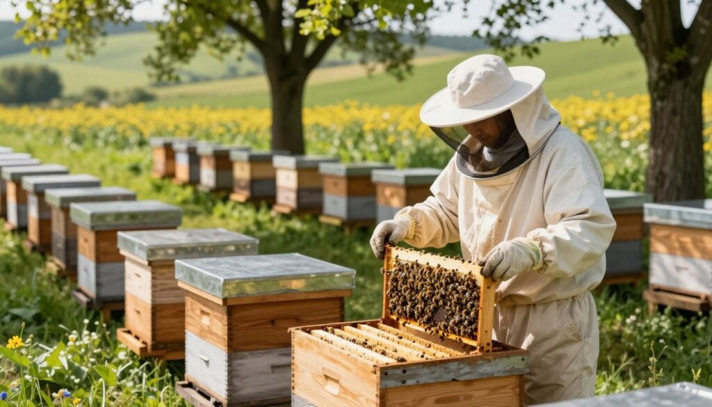An apiary set in a lush, green landscape, featuring well-maintained wooden beehives arranged in neat rows. In the foreground, a professional beekeeper dressed in a protective suit and veil inspects one of the hives, holding a frame filled with bees. The middle ground shows additional hives under dappled sunlight filtering through trees, creating a warm, inviting atmosphere. In the background, gentle hills roll away, offering a picturesque view of flowering plants that attract bees. The image should be captured with a shallow depth of field to emphasize the beekeeper and the hive, with bright, vibrant colors to evoke a sense of calm and professionalism. The overall mood should convey diligence and care in maintaining beekeeping standards.