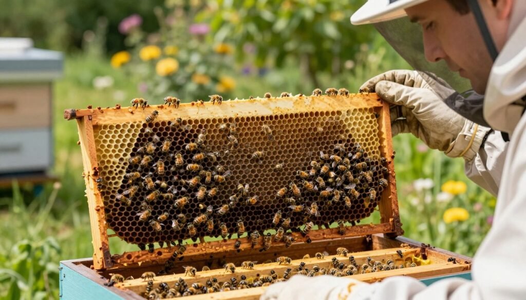 An apiary setting in a sunlit garden, with a close-up view of a beehive showcasing intricate brood patterns. In the foreground, a beekeeper in professional attire, carefully inspecting the hive frames under bright, natural light, their face focused yet serene. The middle layer features detailed close-ups of various brood cells, with baby bees nestled in their cells, displaying the diverse patterns formed by the new queen's laying behavior. In the background, soft blurred greenery and flowering plants provide a tranquil atmosphere, enhancing the scene's natural vibe. The composition captures the essence of careful observation and the successful acceptance of the new queen, conveying a sense of wonder and diligence in bee management.