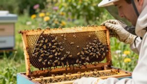 An apiary setting in a sunlit garden, with a close-up view of a beehive showcasing intricate brood patterns
