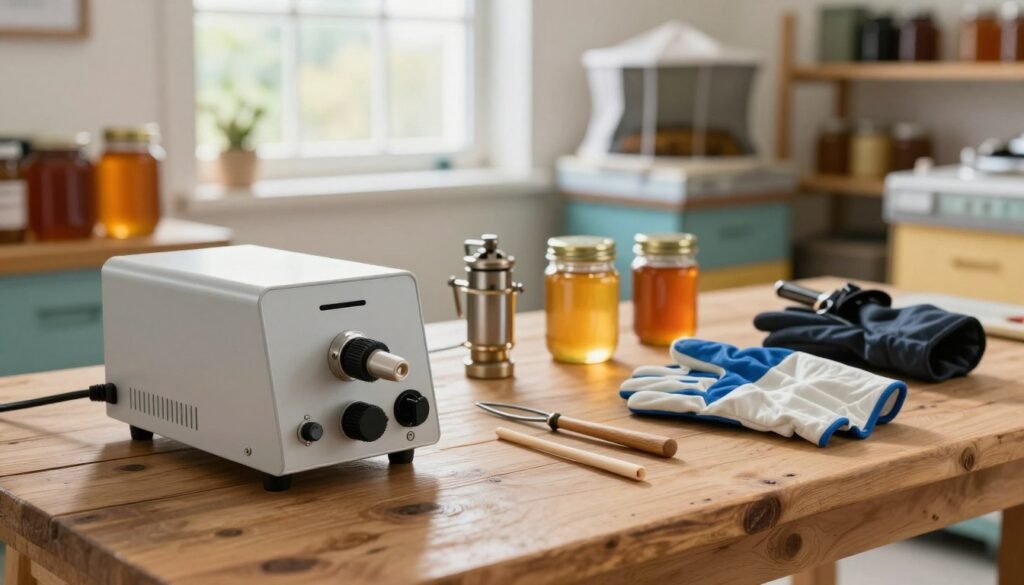 An array of hive equipment set up in a well-lit workspace. In the foreground, a detailed close-up of a vaporizer device designed for oxalic acid application, with fine control knobs and a visible power cord. In the middle, several beekeeping tools, including a smoker, hive tool, and protective gloves, laid out on a rustic wooden table. In the background, a bright window lets in natural light, illuminating shelves stocked with jars of honey and additional beekeeping gear. The atmosphere is calm and professional, evoking a sense of diligence and care in beekeeping practices. The image captures the essence of equipment requirements for effective pest control in hives, showcasing the tools in a practical and organized manner. An array of hive equipment set up in a well-lit workspace. In the foreground, a detailed close-up of a vaporizer device designed for oxalic acid application, with fine control knobs and a visible power cord. In the middle, several beekeeping tools, including a smoker, hive tool, and protective gloves, laid out on a rustic wooden table. In the background, a bright window lets in natural light, illuminating shelves stocked with jars of honey and additional beekeeping gear. The atmosphere is calm and professional, evoking a sense of diligence and care in beekeeping practices. The image captures the essence of equipment requirements for effective pest control in hives, showcasing the tools in a practical and organized manner.
