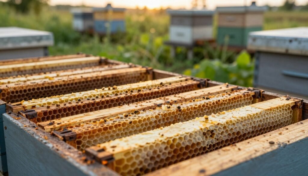 An assortment of aging honey frames with signs of wear and natural patina, positioned prominently in the foreground. Each frame is filled with capped honeycomb, and some exhibit subtle signs of wax moth damage. Lush greenery subtly encroaches from the middle ground, suggesting a healthy, thriving beekeeping environment. In the distant background, blurred silhouettes of apiary equipment and hives under soft, golden-hour lighting enhance a warm, inviting atmosphere. The mood is one of careful stewardship and biosecurity, emphasizing the importance of maintaining healthy bee colonies. The angle captures the details of the frames up close, with a shallow depth of field to focus attention on the textures and colors of the frames, providing clarity to their condition and age. An assortment of aging honey frames with signs of wear and natural patina, positioned prominently in the foreground. Each frame is filled with capped honeycomb, and some exhibit subtle signs of wax moth damage. Lush greenery subtly encroaches from the middle ground, suggesting a healthy, thriving beekeeping environment. In the distant background, blurred silhouettes of apiary equipment and hives under soft, golden-hour lighting enhance a warm, inviting atmosphere. The mood is one of careful stewardship and biosecurity, emphasizing the importance of maintaining healthy bee colonies. The angle captures the details of the frames up close, with a shallow depth of field to focus attention on the textures and colors of the frames, providing clarity to their condition and age.