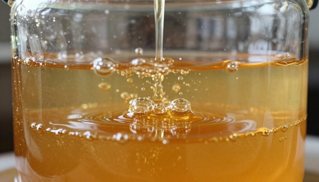 An elegantly designed honey settling tank filled with golden honey, with air bubbles slowly rising to the surface. In the foreground, focus on a close-up view of the tank's transparent walls, highlighting the intricate patterns of bubbles moving upwards. The middle layer showcases the honey's rich, viscous texture as it settles, with subtle reflections of light glimmering across the surface. In the background, a softly blurred industrial setting provides context, hinting at the honey production process. Natural lighting casts a warm glow, creating an inviting atmosphere that emphasizes the honey's golden hue. The overall mood conveys patience and the importance of time in the honey settling process.