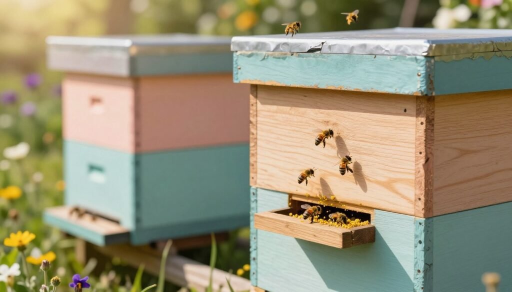 An entrance reducer designed for beehives, situated prominently in the foreground, showcasing its natural wood grain texture and snug fit. In the middle ground, a vibrant beehive painted in soft pastel colors can be seen, adorned with busy bees carrying pollen. The background features a sunny garden, with blooming flowers and greenery, emphasizing a tranquil, sunny day. The lighting is warm and inviting, casting soft shadows that enhance the details of the reducer and hive. The focus is sharp on the entrance reducer, with a slight blur on the surrounding elements, suggesting a shallow depth of field. The overall mood is serene and productive, capturing the essence of beekeeping and the importance of proper equipment selection.