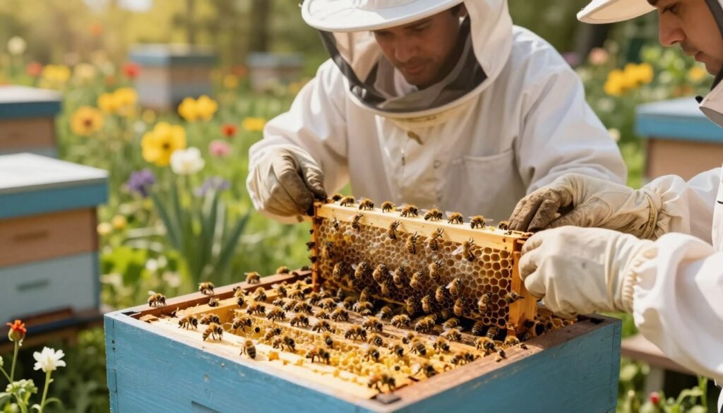 An image depicting the shakeout method for laying workers in a serene, natural setting. In the foreground, several honeybees actively swarm around a healthy hive, showcasing a variety of worker bees delicately handling brood frames with care and cooperation. In the middle ground, a beekeeper in a white protective suit observes intently, using a smoker to calm the bees and facilitate the shakeout process. The background features a lush garden filled with blooming flowers, bathed in warm sunlight, enhancing the vibrancy of the scene. The soft, golden light casts gentle shadows, creating a peaceful and harmonious atmosphere, while the angle captures the hive from a slight elevation, offering a clear view of the activity.