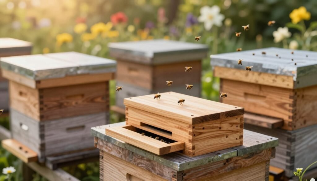 An image of various entrance reducers specifically designed for bee colonies, arranged on a rustic wooden hive. In the foreground, show a close-up of a well-crafted entrance reducer made of natural wood, with intricate details highlighting its craftsmanship. The middle ground features multiple reducer designs, including one with a thermal feature, surrounded by a gentle swarm of bees buzzing around. In the background, depict a lush garden with blooming flowers under warm, golden sunlight, enhancing the natural habitat of the bees. Use soft focus to create a serene atmosphere while maintaining clarity on the entrance reducers, emphasizing sustainability and the importance of thermal efficiency. Capture the scene from a slightly elevated angle to provide depth and interest.