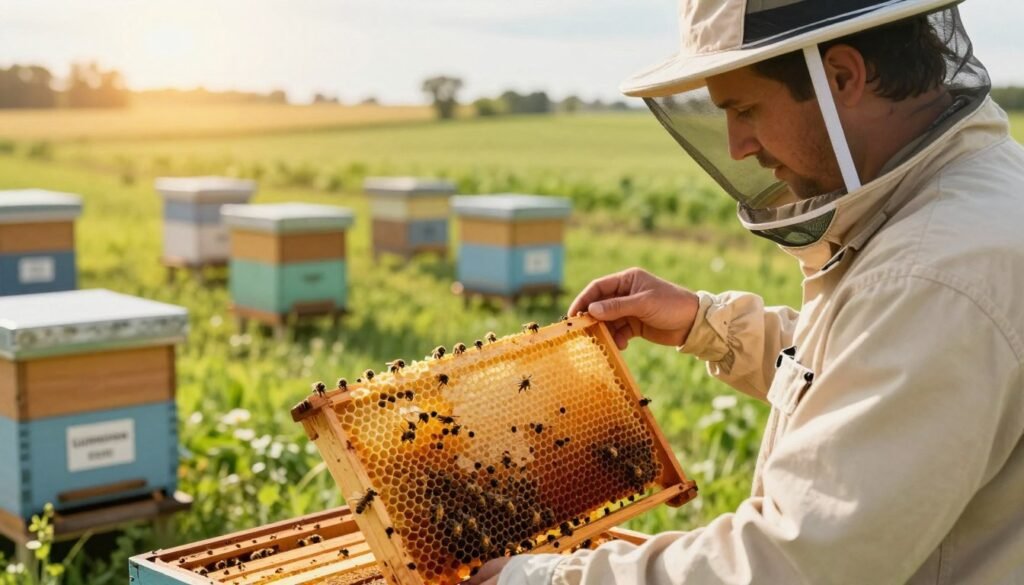 An informative and visually engaging illustration depicting an apiary scene focused on legal notification requirements regarding diseased hives. In the foreground, a close-up of a beekeeping professional in modest casual attire examines a vibrant honeycomb frame with signs of distress, showcasing meticulous attention to detail in the bees’ behavior. In the middle ground, an orderly apiary is evident with various hives, some labeled with clear quarantine signs, highlighting compliance. The background features a serene landscape of lush green fields under a warm, golden sunlight, casting a friendly and reassuring atmosphere. Use a soft focus lens to enhance the depth and clarity of the scene, which conveys a mood of diligence and responsibility in beekeeping practices. An informative and visually engaging illustration depicting an apiary scene focused on legal notification requirements regarding diseased hives. In the foreground, a close-up of a beekeeping professional in modest casual attire examines a vibrant honeycomb frame with signs of distress, showcasing meticulous attention to detail in the bees’ behavior. In the middle ground, an orderly apiary is evident with various hives, some labeled with clear quarantine signs, highlighting compliance. The background features a serene landscape of lush green fields under a warm, golden sunlight, casting a friendly and reassuring atmosphere. Use a soft focus lens to enhance the depth and clarity of the scene, which conveys a mood of diligence and responsibility in beekeeping practices.