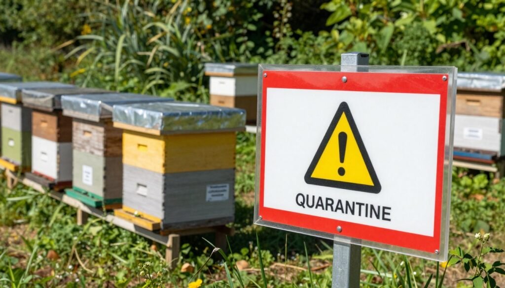 An informative apiary signage setup in a sunny outdoor environment, showcasing a well-maintained quarantine hive area. In the foreground, a clear and professionally designed sign is prominently displayed, featuring symbols and colors indicating quarantine status, such as a yellow caution triangle and a red border. The middle ground features several beehives arranged neatly, with protective covers and labels that comply with regulatory standards. In the background, lush greenery surrounds the apiary, creating a vibrant and peaceful natural atmosphere. The lighting is bright and even, casting soft shadows that enhance the visibility of the sign. The angle captures the scene from slightly above eye level, adding depth and focus to the signage, evoking a sense of professionalism and safety in bee management practices.