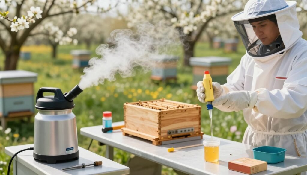 An informative illustration comparing two beekeeping methods: vaporization and dribble application of oxalic acid. In the foreground, showcase a detailed vaporizer emitting wisps of vapor, symbolizing the vaporization method, alongside a precise dribble applicator with a stream of liquid, highlighting the dribble method. In the middle ground, depict a clean, well-organized beekeeper's workbench with tools and bee equipment scattered around. The background features a serene apiary scene with hives surrounded by blooming flowers under bright, natural sunlight, creating an inviting atmosphere. Use a soft focus effect on the background to draw attention to the methods in the foreground. The overall mood is educational and professional, designed to visually inform beekeepers about safe oxalic acid application techniques. An informative illustration comparing two beekeeping methods: vaporization and dribble application of oxalic acid. In the foreground, showcase a detailed vaporizer emitting wisps of vapor, symbolizing the vaporization method, alongside a precise dribble applicator with a stream of liquid, highlighting the dribble method. In the middle ground, depict a clean, well-organized beekeeper's workbench with tools and bee equipment scattered around. The background features a serene apiary scene with hives surrounded by blooming flowers under bright, natural sunlight, creating an inviting atmosphere. Use a soft focus effect on the background to draw attention to the methods in the foreground. The overall mood is educational and professional, designed to visually inform beekeepers about safe oxalic acid application techniques.