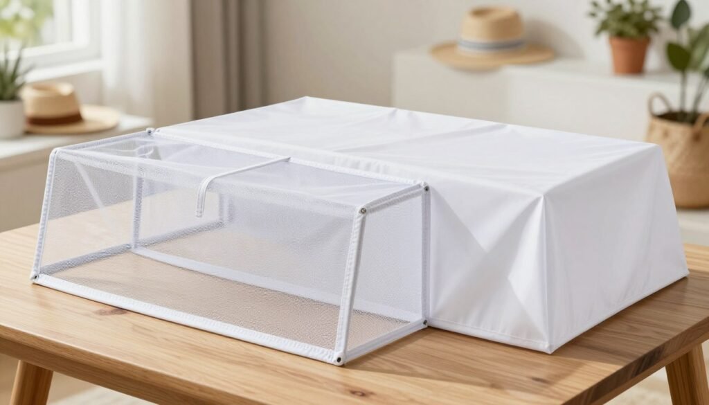 An informative indoor scene showcasing a side-by-side comparison of a screened inner cover and a standard inner cover, highlighting their distinct features and materials. In the foreground, display a detailed, clear view of both covers on a wooden table, with the screened cover on the left, emphasizing its mesh texture and light filtering properties, while the standard cover on the right is solid and opaque. The middle ground features a subtle backdrop of a softly lit room, furnished with summer decor, creating a fresh and airy atmosphere. The lighting is bright, mimicking natural sunlight, casting soft shadows to enhance the texture of the covers. The angle is slightly overhead, allowing a full view of the differences. The mood is inviting and refreshing, perfect for illustrating a summer setting.