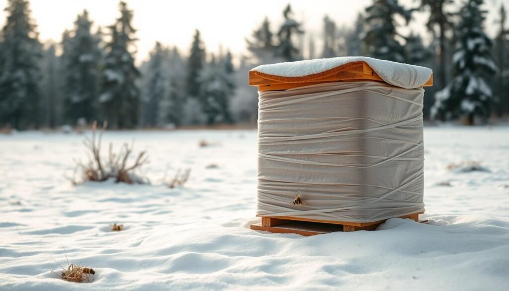An insulated beehive wrapped in a protective covering, designed for cold climates, positioned prominently in the foreground. The hive features layers of thick, durable insulation material such as foam or reflective wrap, showcasing a sturdy structure. In the middle ground, snow gently blankets the surrounding area, with a few patches of bare ground visible, indicating a cold winter setting. The background offers a subtle forest silhouette, with tall, frosted trees and a pale, overcast sky that adds to the chilly atmosphere. Soft, diffused natural light illuminates the scene from the side, casting gentle shadows and enhancing the textures of the hive wrap. The overall mood conveys warmth and protection amidst the wintry landscape.