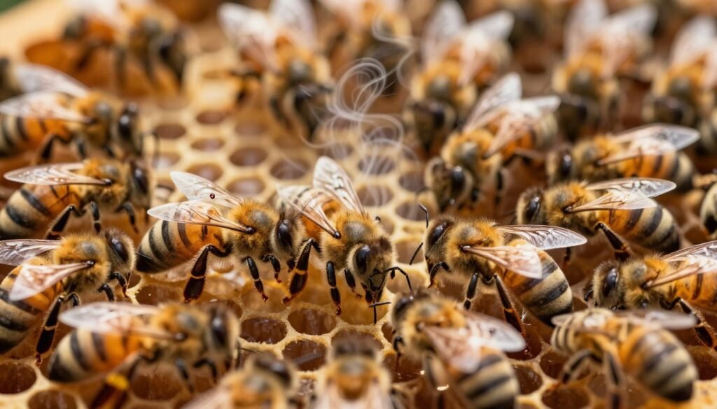 An intricate close-up of a honeycomb filled with bees, emphasizing the concept of "queen pheromones." The foreground features a cluster of bees engaged in a dance near the queen cell, their bodies shimmering with golden hues under soft, natural sunlight. In the middle ground, faint trails of pheromone scent, represented by ethereal, swirling patterns, subtly rise from the queen cell, creating a sense of movement and connection among the bees. The background showcases blurred honeycomb cells, adding depth while focusing the viewer's attention on the hive's central activity. The atmosphere is warm and harmonious, evoking a sense of community and cohesion within the hive, captured with a macro lens to highlight the details.