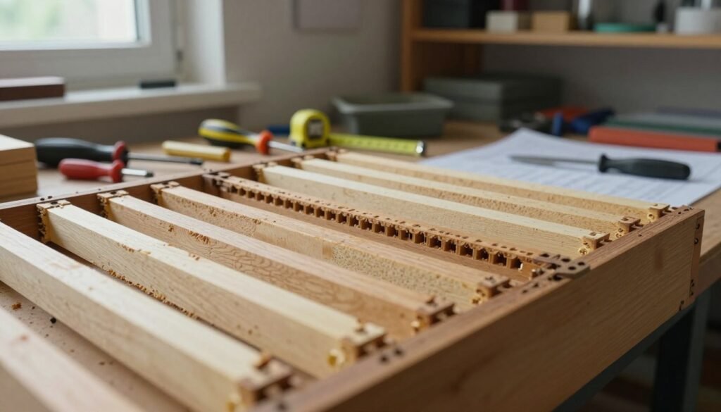 An intricate depiction of the mechanics of grooved top bar frames and wedged top bar frames in a detailed workshop setting. In the foreground, a close-up view showcases a grooved top bar frame with distinct grooves and precise fittings, juxtaposed with a wedged top bar frame featuring a solid, robust design. The middle layer reveals various tools and components scattered around, like screwdrivers, clamps, and measuring tapes, highlighting the craftsmanship involved. The background hints at shelves filled with materials, tools, and blueprints, emphasizing a well-organized workspace. Soft natural lighting filters through a nearby window, casting gentle shadows that create a professional yet inviting atmosphere. The angle is slightly tilted downward to give depth and focus on the frames, capturing their mechanical intricacies vividly.