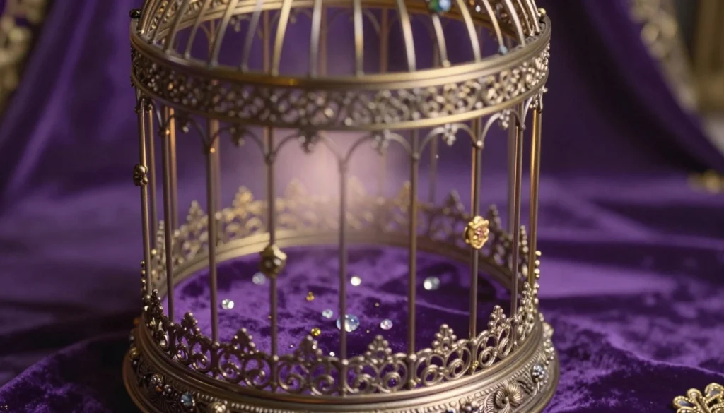 An intricately designed queen cage, elegantly crafted from ornate gold and silver metals, showcases delicate filigree