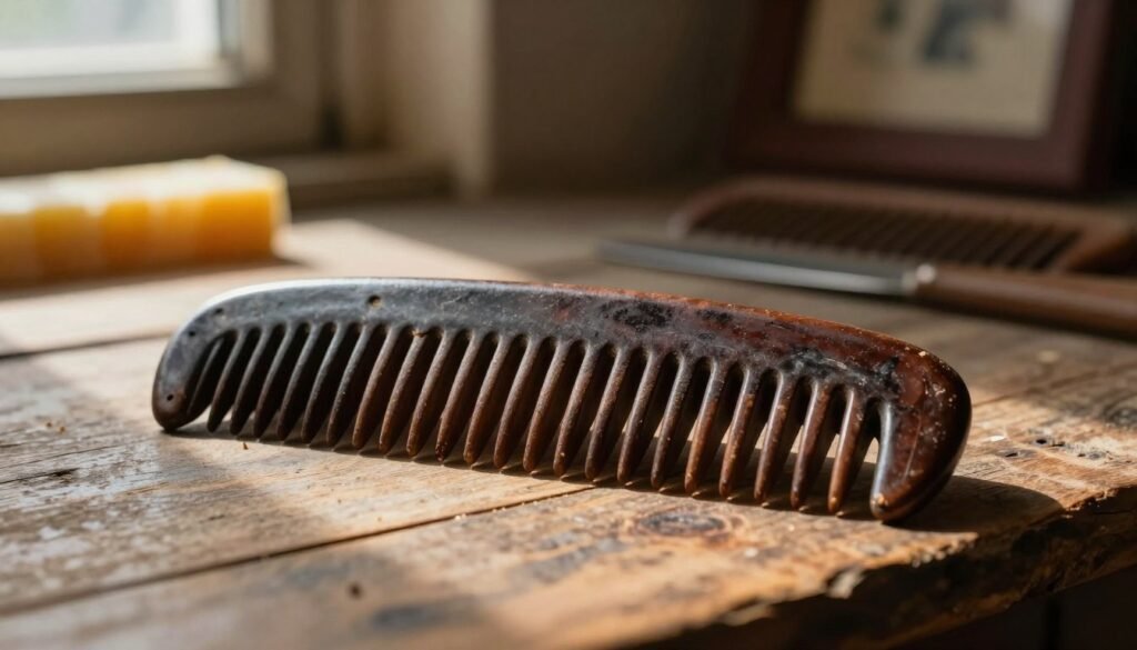 An old, darkened comb resting on a rustic wooden surface, showcasing its weathered texture and rich brown hues. The comb should be slightly curled at the edges and show signs of age, with small grooves and imperfections that tell a story. In the foreground, soft, natural light filters through a nearby window, casting gentle shadows and highlighting the comb's contours. The middle ground features a blurred out of focus craft room environment, with hints of beeswax and frames of drawn comb subtly peeking through, enriching the atmosphere. The background fades into shadows, evoking a sense of nostalgia and history. The overall mood is warm and intimate, emphasizing the importance of proper handling and storage of old, darkened comb for longevity.