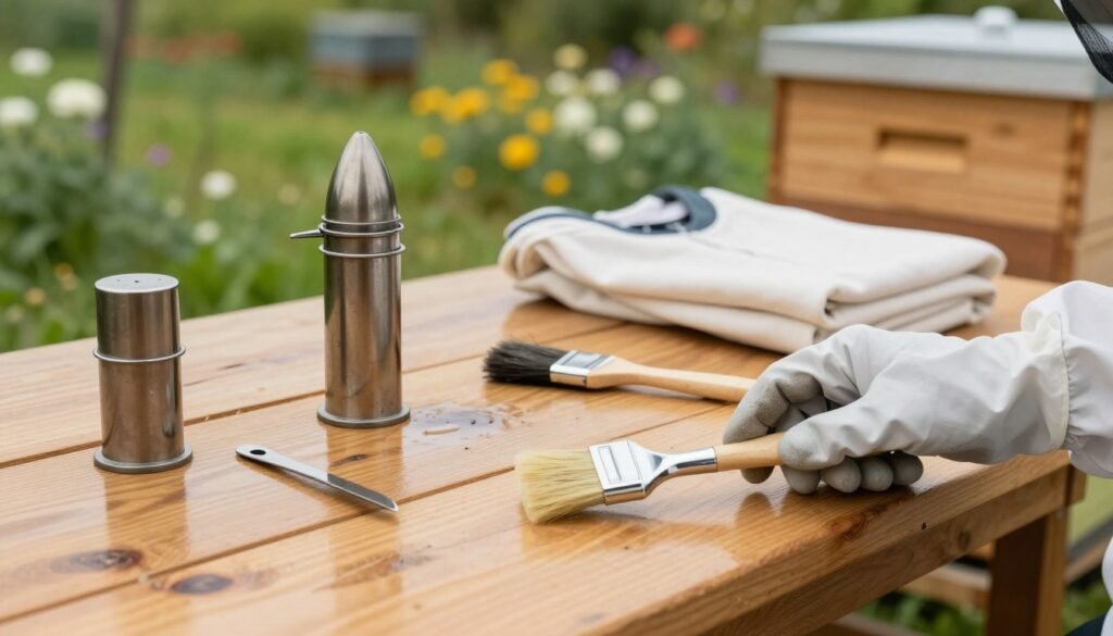 An organized beekeeping workspace displaying essential hive tools such as a smoker, hive tool, and brush, all meticulously cleaned and arranged. In the foreground, a gloved hand reaches for a polished hive tool, emphasizing hygiene. The middle ground features a rustic wooden table, reflected in soft natural lighting, with a beekeeper's outfit neatly folded beside it. In the background, a serene apiary with blooming flowers hints at a thriving bee environment. The atmosphere is calm and professional, suggesting competence in beekeeping practices. The lens captures a close-up view with a focus on the tools, portraying a sense of responsibility and care for biosecurity in the apiary.