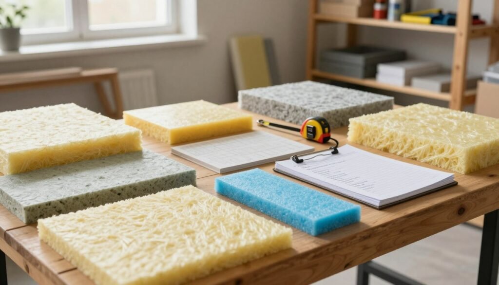 An organized display of various insulation materials laid out on a wooden table in a well-lit workshop. In the foreground, different types of insulation, including rigid foam boards, fiberglass batts, and spray foam, are arranged neatly. The middle ground features a measuring tape and a notepad with technical notes about insulation thickness, inviting viewers to engage with the content. In the background, there are shelves filled with additional construction materials and tools. Soft, natural light floods the scene from a nearby window, creating a warm and inviting atmosphere. The image should be taken from a slightly elevated angle to capture all elements effectively, showcasing the textures and colors of the insulation materials in detail.
