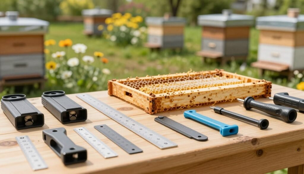 An organized workspace of a beekeeper's toolbench, featuring various hive frame spacing tools prominently in the foreground. The tools, such as spacers, rulers, and adjustable frame grips, are crafted from durable materials and arranged neatly for easy access. In the middle, a partially assembled beehive demonstrates proper frame spacing, with honeycomb frames visible. The background shows a bright, sunlit apiary with blooming flowers and wooden hives, conveying a serene and productive atmosphere. Soft, natural lighting enhances the colors, while a shallow depth of field subtly blurs the background, drawing focus to the tools. The overall mood is educational and inviting, ideal for illustrating the importance of effective hive management.