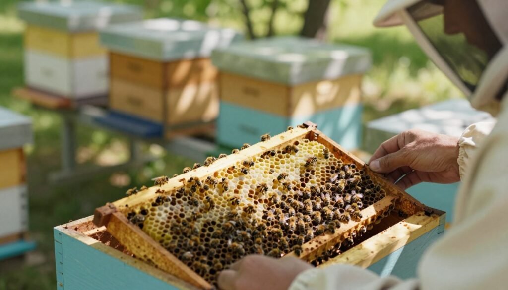 An outdoor scene depicting a beekeeper in professional attire carefully examining a queenless nucleus hive, with close-up details of the hive's open frame showcasing bees working diligently, combs filled with brood in varying stages, and signs of potential queen cells being developed. In the background, several other queenless nucs are positioned neatly on an apiary stand under soft, natural sunlight streaming through the trees, casting dappled shadows. The foreground focuses on the beekeeper’s hands gently handling the frames with care, emphasizing the delicate management involved. The overall mood is calm and focused, reflecting the importance of effective nuc management during a queen change, with a depth of field that softly blurs the background to emphasize the beekeeper and the frames. An outdoor scene depicting a beekeeper in professional attire carefully examining a queenless nucleus hive, with close-up details of the hive's open frame showcasing bees working diligently, combs filled with brood in varying stages, and signs of potential queen cells being developed. In the background, several other queenless nucs are positioned neatly on an apiary stand under soft, natural sunlight streaming through the trees, casting dappled shadows. The foreground focuses on the beekeeper’s hands gently handling the frames with care, emphasizing the delicate management involved. The overall mood is calm and focused, reflecting the importance of effective nuc management during a queen change, with a depth of field that softly blurs the background to emphasize the beekeeper and the frames.