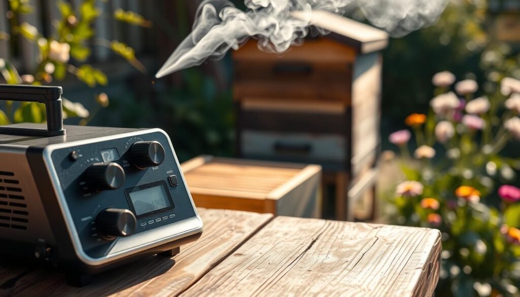 An oxalic acid vaporizer prominently displayed on a rustic wooden table, with the device featuring a sleek, modern design in black and silver. The foreground includes a close-up of the vaporizer’s control panel, showcasing dials and a digital display, while a gentle plume of vapor rises from the nozzle, creating a misty effect. In the middle, a honeybee hive is visible, partially out of focus, evoking the setting of a small apiary. The background captures a soft, sunlit garden with flowers in bloom, enhancing the natural atmosphere. The scene is warmly lit, with soft shadows accentuating the details of the vaporizer and the surrounding environment, promoting a sense of calm and professionalism.