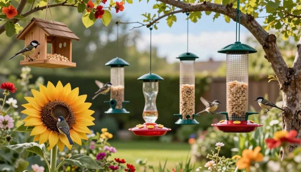 Bright and inviting scene of several colorful bird feeders of various shapes and sizes carefully arranged in a lush garden setting. In the foreground, a sunflower-shaped feeder filled with birdseed attracts small birds, while a wooden feeder hanging from a tree branch is surrounded by vibrant flowers. The middle ground features a variety of feeders, including a glass hummingbird feeder with red nectar and a mesh feeder filled with suet, all positioned among blooming plants. In the background, soft green foliage and a clear blue sky add depth and a peaceful atmosphere. The lighting is warm and natural, evoking a serene morning light. Focus on a slight depth of field to emphasize the feeders while blurring the distant background, creating a tranquil and inviting ambiance for attracting birds.
