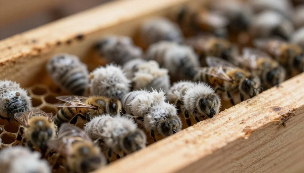 Chalkbrood mummies clustered within a wooden beehive frame, showcasing their distinct white, fuzzy appearance and black, shriveled bodies amidst healthy broods. In the foreground, focus on several infected mummies, their textures detailed and clear, while in the middle ground, blurred honeycomb cells reveal healthy larvae. The background features a softly lit, warm-toned beehive environment, emphasizing a sense of care and focus. Utilize natural lighting to create gentle shadows, adding depth to the scene. The atmosphere should evoke a sense of caution and education, highlighting the importance of identifying chalkbrood in bee populations. Shot with a macro lens from a downward angle, this image should clearly convey the nuances of the infection without any distractions.