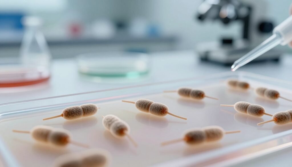 Close-up of a microscope slide showcasing nosema spores, displaying their distinct oval shapes and unique textures. The foreground features detailed, high-resolution images of the spores, emphasizing their size and structure. In the middle, blurred but recognizable laboratory equipment like pipettes and petri dishes hint at the testing process. The background consists of soft, diffused laboratory lighting, creating a sterile and professional atmosphere. The image is shot at a slight angle to give depth, with an emphasis on sharp focus on the spores to highlight their importance in testing. The overall mood is scientific and informative, inviting viewers to learn more about detecting nosema spores at home.