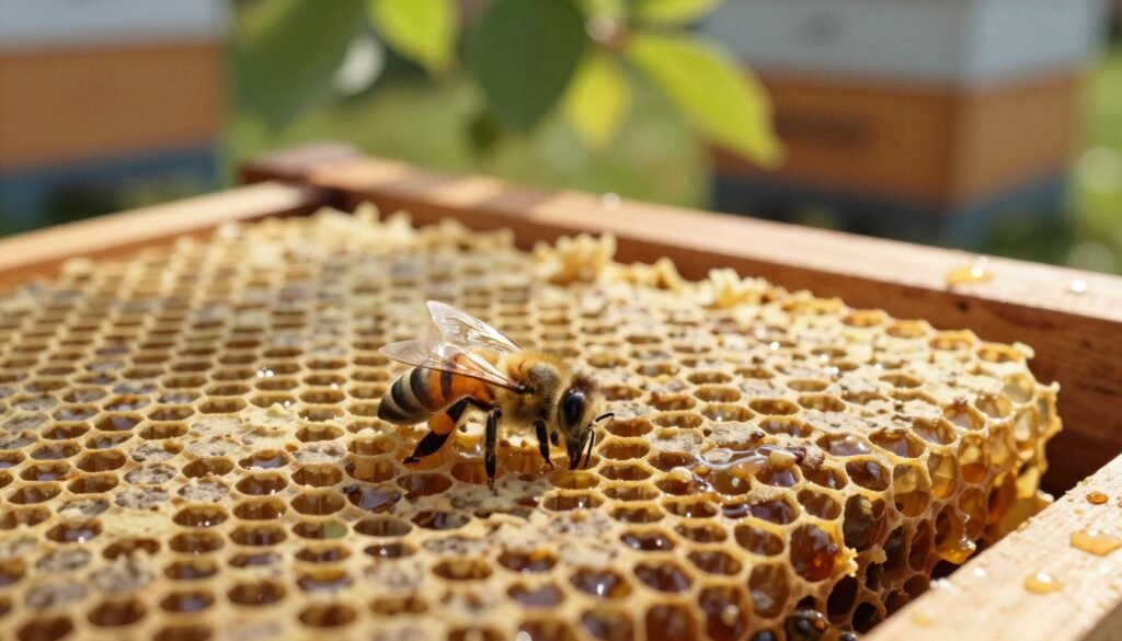 Close-up of a queen bee cell situated on a honeycomb frame, showcasing its intricate details and textures. The foreground highlights the cell in sharp focus, displaying its hexagonal structure and the developing bee larva within, glistening with honey. In the middle ground, additional honeycomb cells can be seen, some filled with brood and others capped, indicating a thriving hive. The background features a soft-focus view of a wooden apiary, subtly illuminated by warm, natural sunlight filtering through green leaves, suggesting a serene and safe environment for the bees. The mood is calm and industrious, conveying the importance of protecting bee health during seasonal changes and weather fluctuations. The composition is dynamic, with a shallow depth of field emphasizing the queen cell as the main subject.