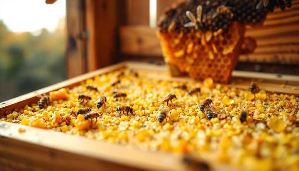 Close-up of a wooden bee frame loaded with pollen patties, showcasing the vibrant colors of the pollen in shades of yellow, orange, and green. The foreground features clear details of the granular texture of the patties and the wooden frame, with honeycomb cells partially visible. In the middle ground, there are hints of bees interacting with the pollen patties, adding life to the scene. The background is softly blurred, depicting a warm, rustic beehive environment with natural wooden elements, allowing light to filter through, creating a serene and nurturing atmosphere. The lighting is soft and natural, mimicking a late afternoon glow, enhancing the warmth and richness of the colors. The composition should evoke a feeling of abundance and care essential for bee health in the fall season. Close-up of a wooden bee frame loaded with pollen patties, showcasing the vibrant colors of the pollen in shades of yellow, orange, and green. The foreground features clear details of the granular texture of the patties and the wooden frame, with honeycomb cells partially visible. In the middle ground, there are hints of bees interacting with the pollen patties, adding life to the scene. The background is softly blurred, depicting a warm, rustic beehive environment with natural wooden elements, allowing light to filter through, creating a serene and nurturing atmosphere. The lighting is soft and natural, mimicking a late afternoon glow, enhancing the warmth and richness of the colors. The composition should evoke a feeling of abundance and care essential for bee health in the fall season.