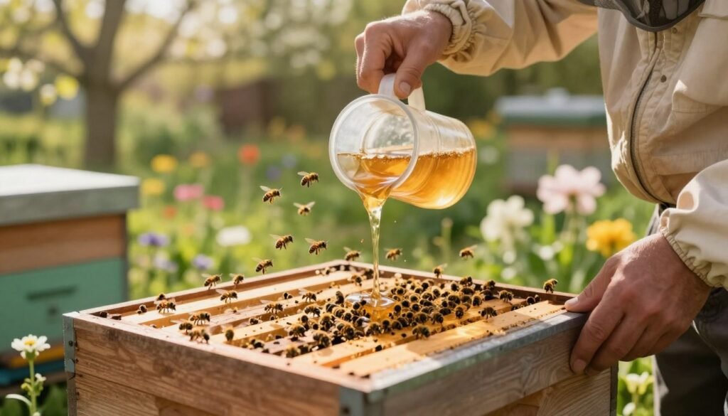 Close-up perspective of a beekeeper in professional attire, carefully pouring a sugar syrup feeder into a newly installed beehive. The foreground highlights the beekeeper's hands and the feeder, with bees actively buzzing around. In the middle, the hive is shown, richly detailed with wooden texture, and the bellows of bees fluttering in and out. The background features a lush garden with blooming flowers, creating a vibrant atmosphere. Soft, warm sunlight filters through the trees, casting gentle shadows and enhancing the scene. The overall mood is serene and engaging, capturing the essence of post-installation feeding and attentive hive management. The image focuses on the interaction between the beekeeper and the hive.