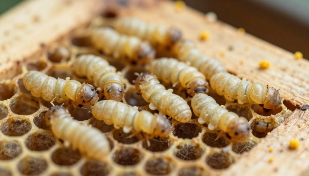 Close-up view of European foulbrood larvae nestled among honeycomb cells in a beehive, capturing the distinctive pale yellow to brown colors and elongated, curved shapes of the larvae. The foreground prominently features several larvae in various stages of development, showcasing their creamy, gelatinous texture. In the middle ground, honeycomb cells show signs of disease, with some larvae exhibiting a deceased state, with a slightly discolored appearance. The background features soft-focus beehive structures and a subtle hint of scattered pollen. The image is illuminated by natural light filtering through the hive, created with a macro lens, emphasizing details and textures. The overall atmosphere is scientifically informative, aiming to evoke a sense of urgency for identifying these signs in bee health.