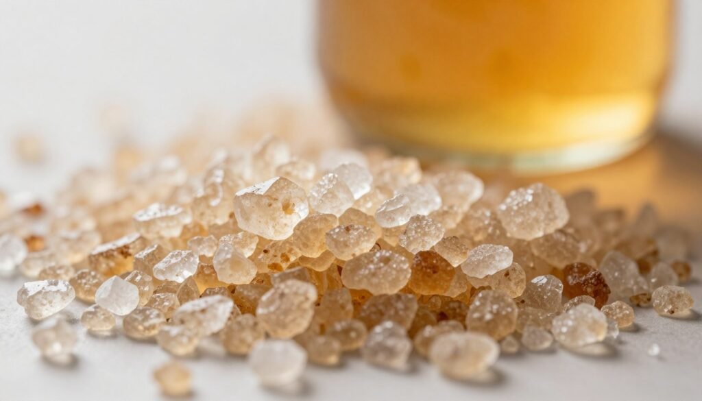 Close-up view of crystallized glucose and fructose sugars, showcasing their intricate formations and structures. In the foreground, large, sparkling sugar crystals catch the light, reflecting a spectrum of soft colors. In the middle ground, smaller sugar granules create a textured surface, hinting at the processes of natural crystallization. The background features a blurred jar of honey, emphasizing the separation of liquids and solids, with a soft golden hue illuminating the scene. The lighting is warm and inviting, mimicking sunlight filtering through a window, enhancing the crystallization details. The overall atmosphere is scientific yet serene, conveying the beauty of natural processes in a clear, educational manner. Close-up view of crystallized glucose and fructose sugars, showcasing their intricate formations and structures. In the foreground, large, sparkling sugar crystals catch the light, reflecting a spectrum of soft colors. In the middle ground, smaller sugar granules create a textured surface, hinting at the processes of natural crystallization. The background features a blurred jar of honey, emphasizing the separation of liquids and solids, with a soft golden hue illuminating the scene. The lighting is warm and inviting, mimicking sunlight filtering through a window, enhancing the crystallization details. The overall atmosphere is scientific yet serene, conveying the beauty of natural processes in a clear, educational manner.